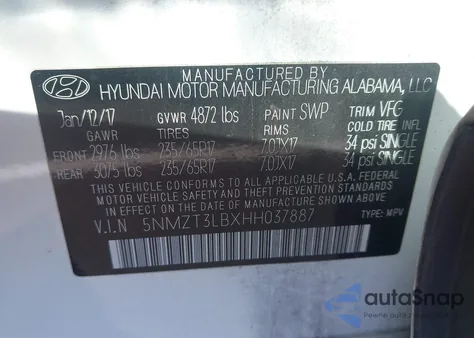 2017 Hyundai Santa Fe Sport 2.4L из США, поврежденный, VIN 5NMZT3LBXHH037887